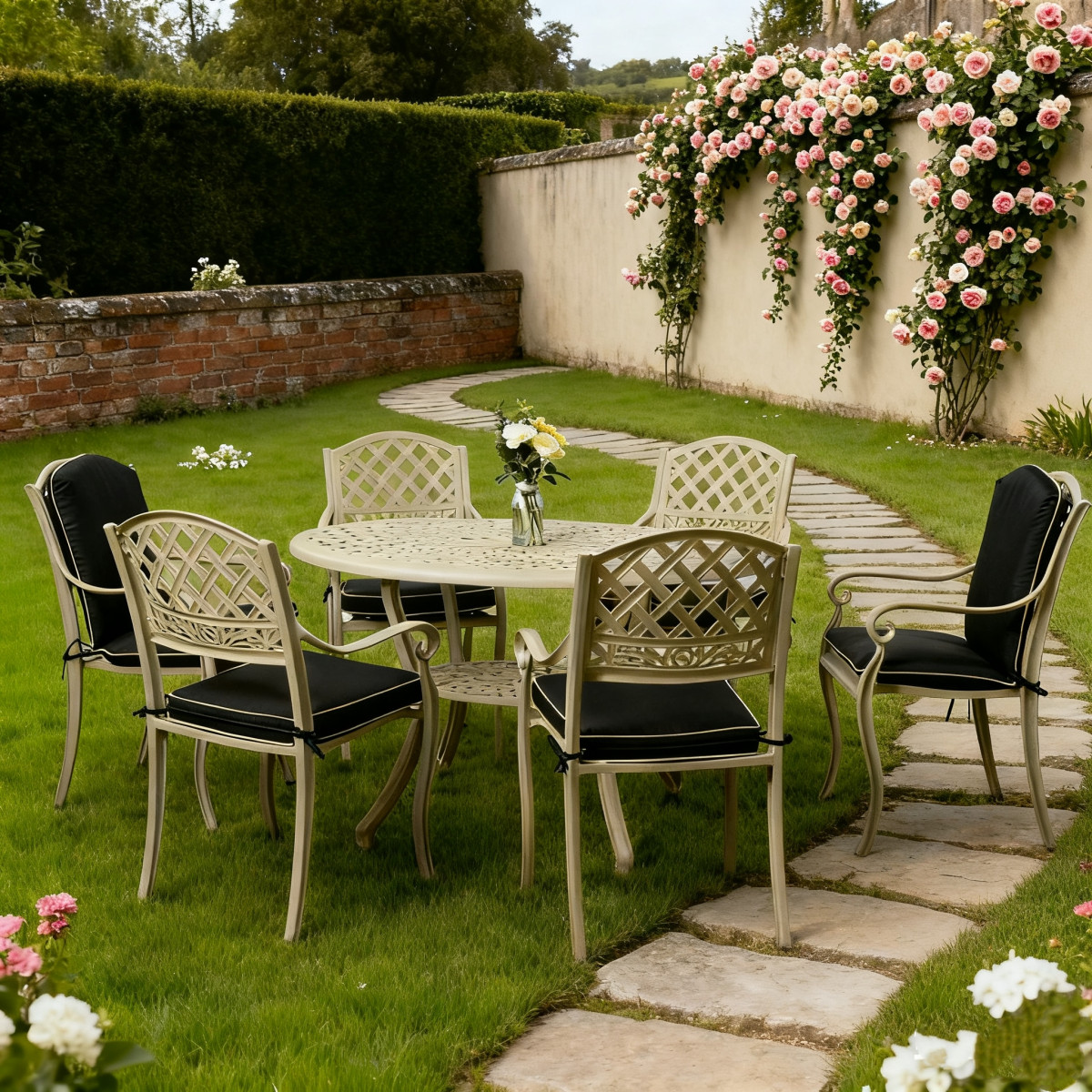 Garden table with 4 chairs, black metal with patterned surface, each set with a white plate and cup. Lush greenery in the background.