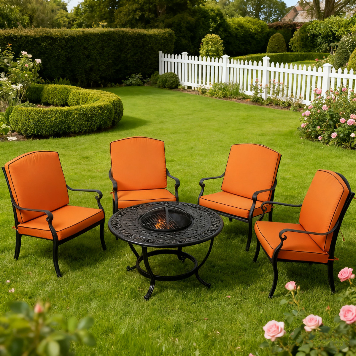 A seating area with two green chairs and a two-seater sofa around a round metal table on gravel, with greenery in the background.