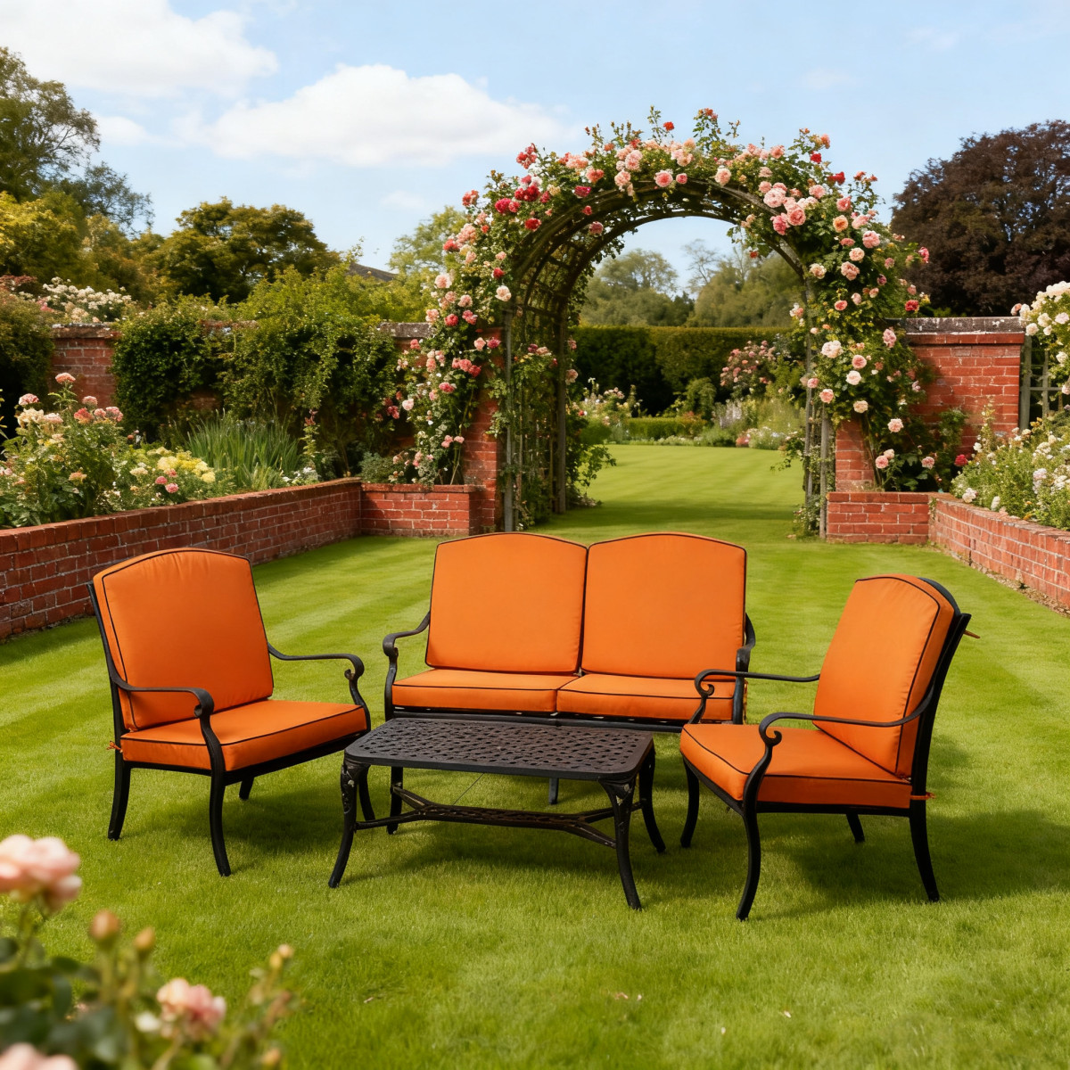Four green cushioned seating chairs arranged around a circular metal table on gravel, with a garden backdrop and cloudy sky.