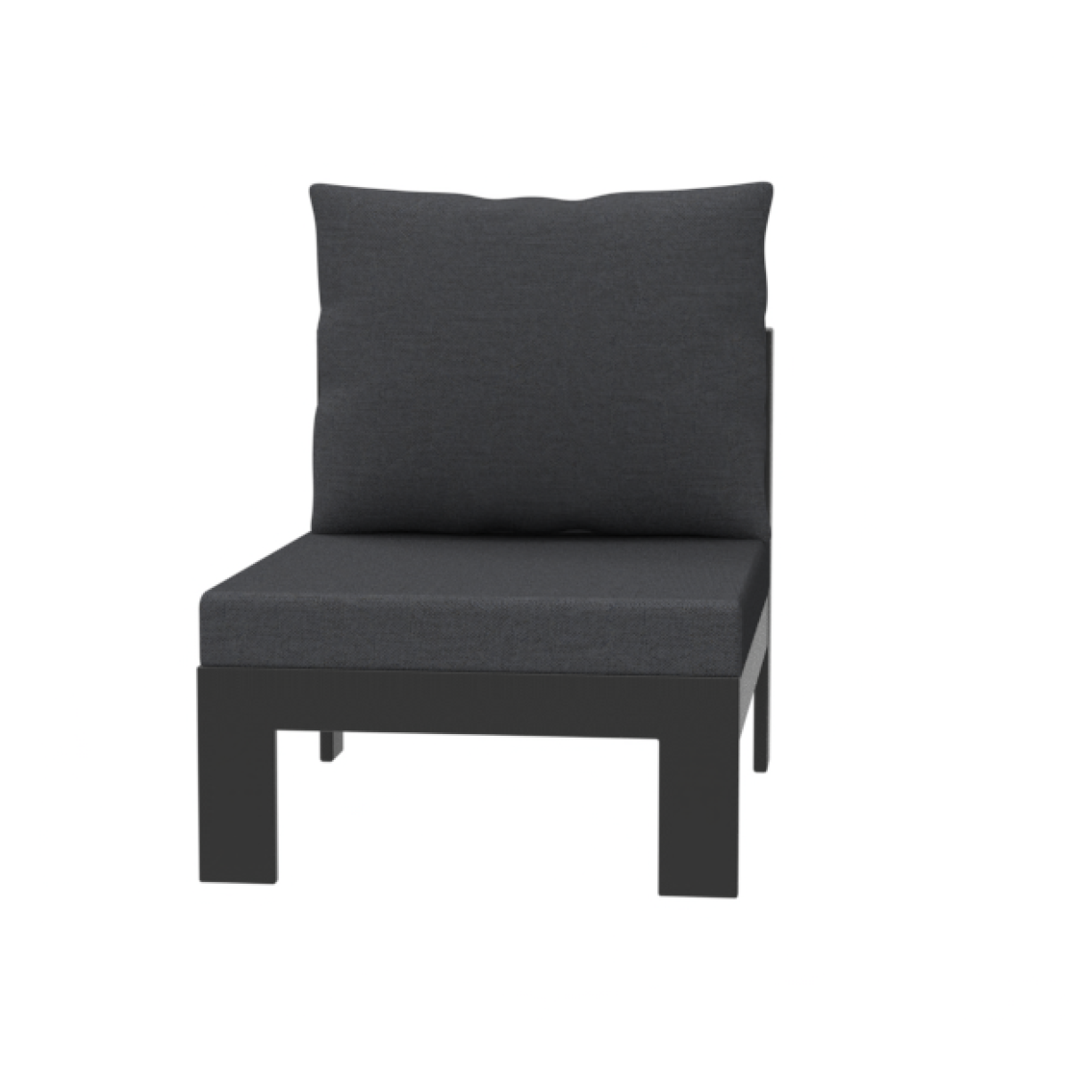 Garden seating area with a black modular sofa, red patterned cushions, a glass table, and a white umbrella in a flower-filled setting.