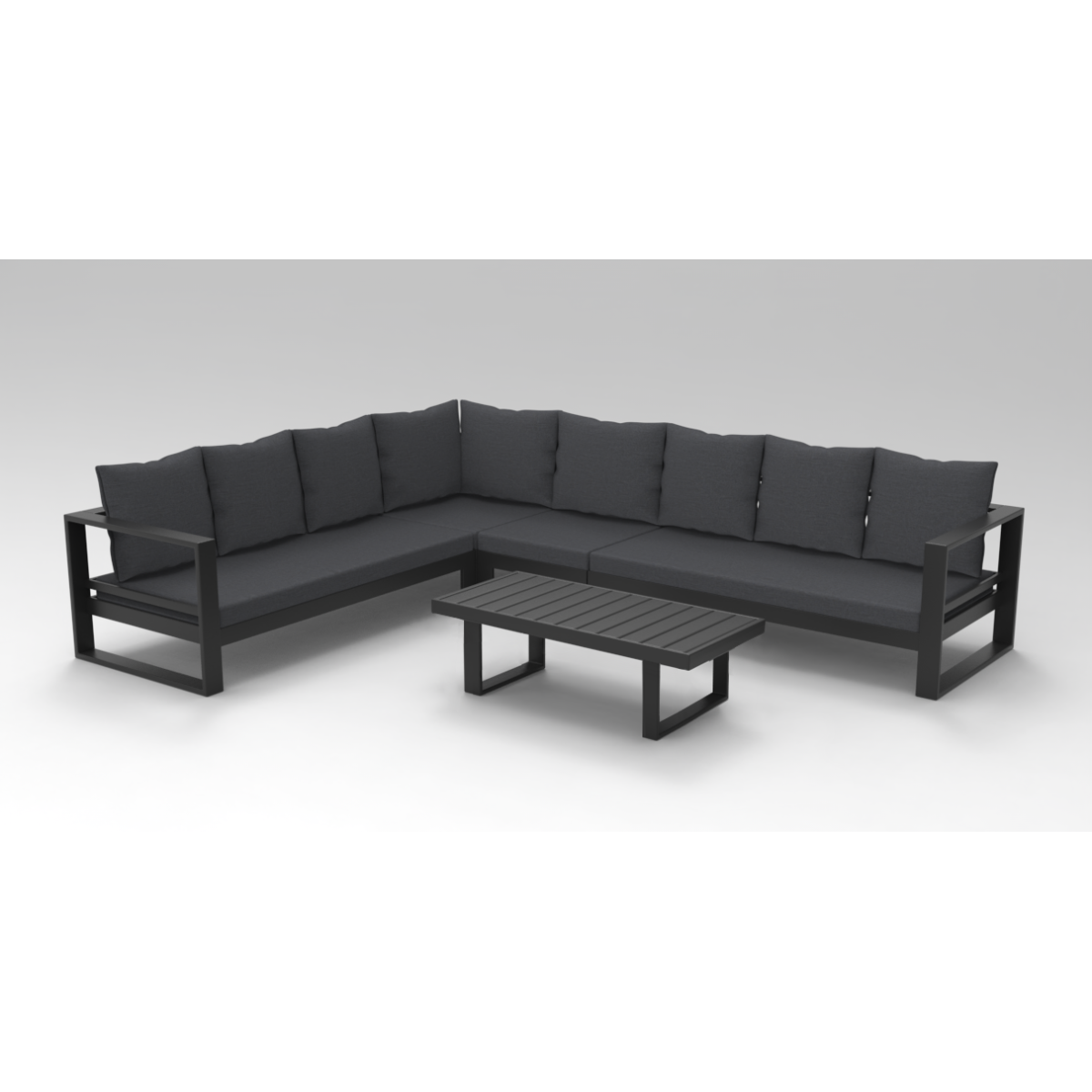 L-shaped outdoor seating area with cream cushions, blue patterned pillows, a vase of flowers, and a large white umbrella.