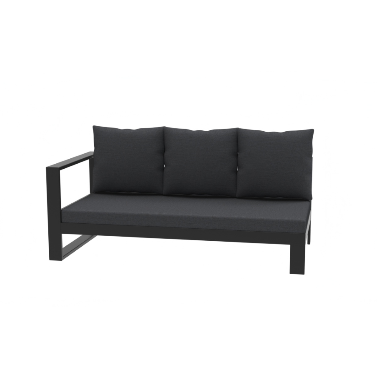 Garden seating area featuring a light-coloured sofa with blue patterned cushions, shaded by a large umbrella, surrounded by flowers.