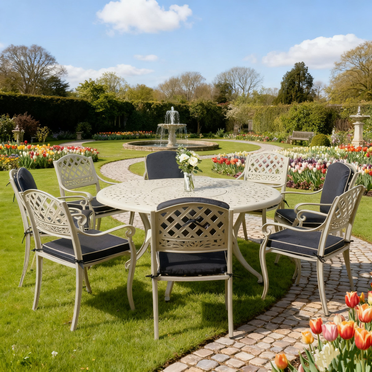 Round, white garden table surrounded by six black cushioned chairs, with a vase of white roses in the centre.