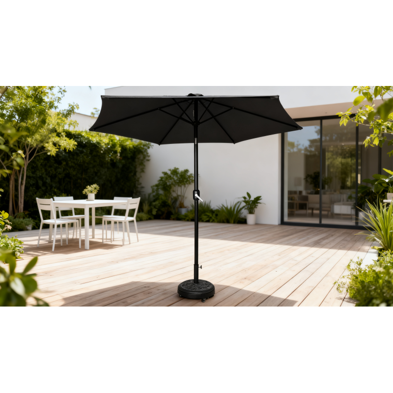Black outdoor umbrella with a spacious canopy and a sturdy pole, set against a light grey background.