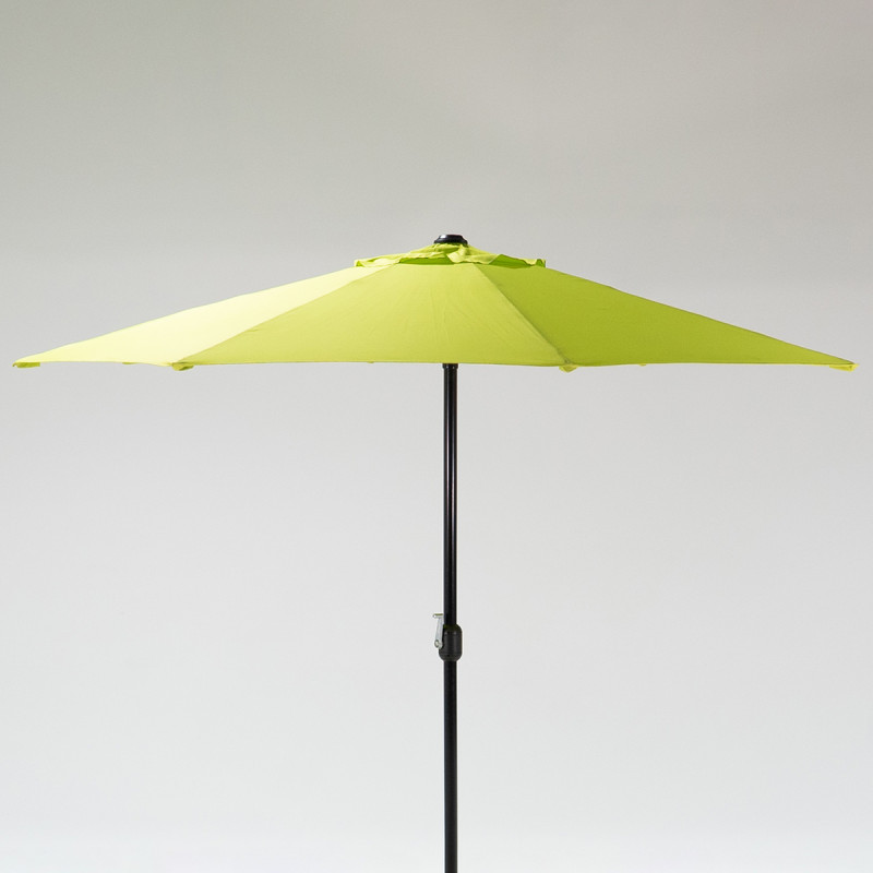Green patio umbrella with a central pole, set against a light grey background.