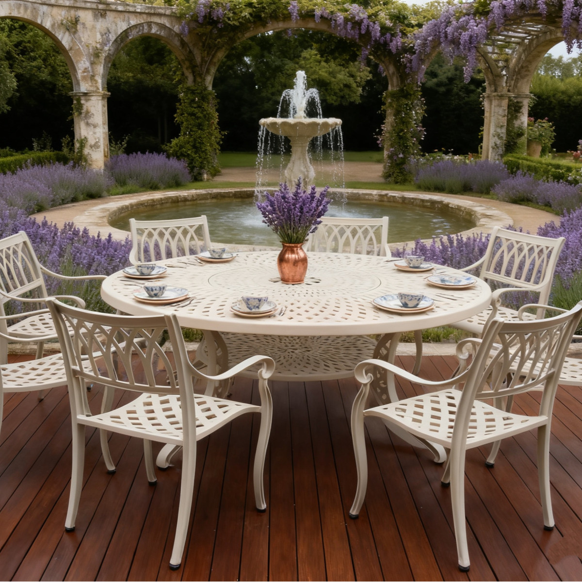 Round, white garden table surrounded by eight green cushioned chairs, with a fruit bowl and bottle on the table.