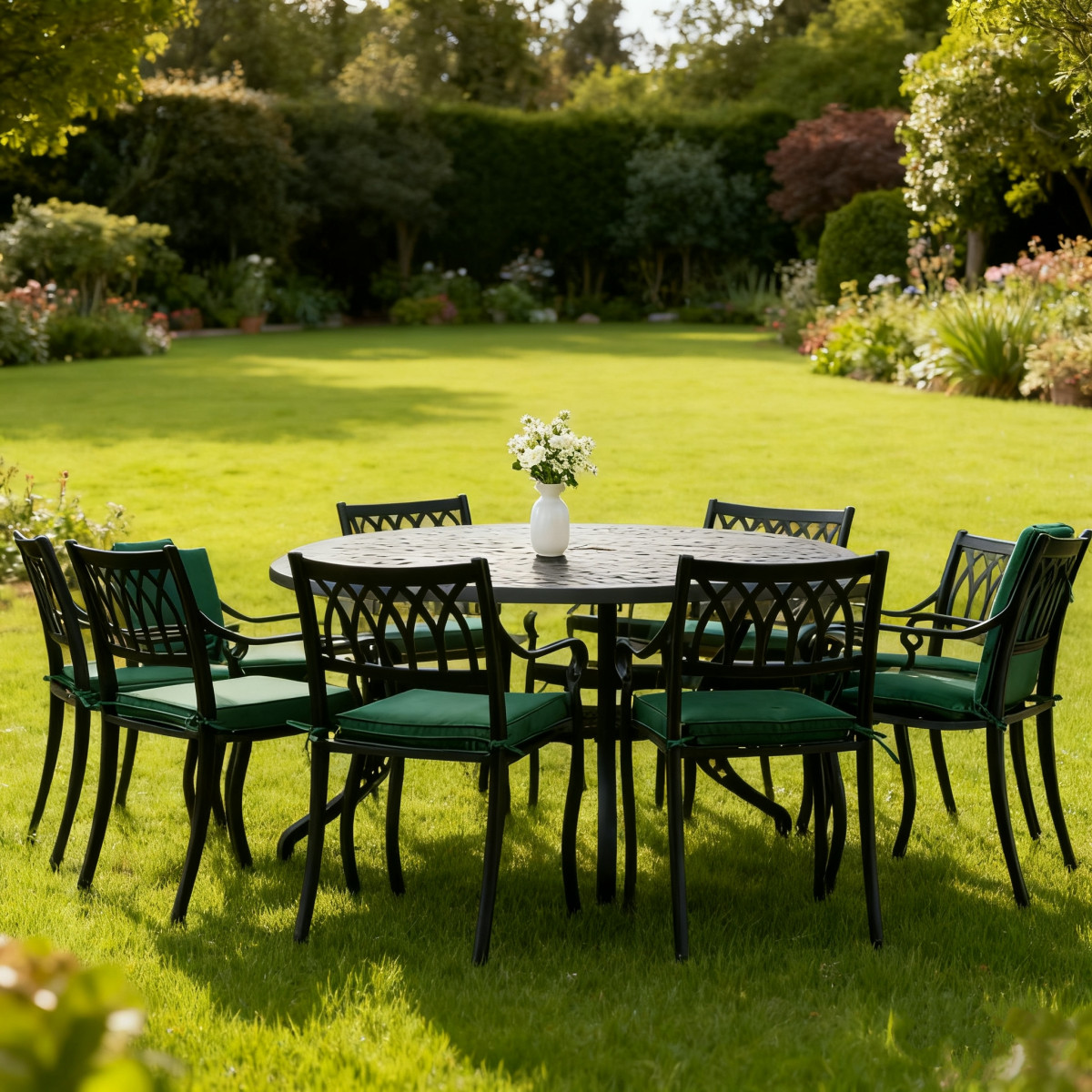 Close-up view of a patterned black metal table surface featuring intricate diamond shapes and intersecting lines.