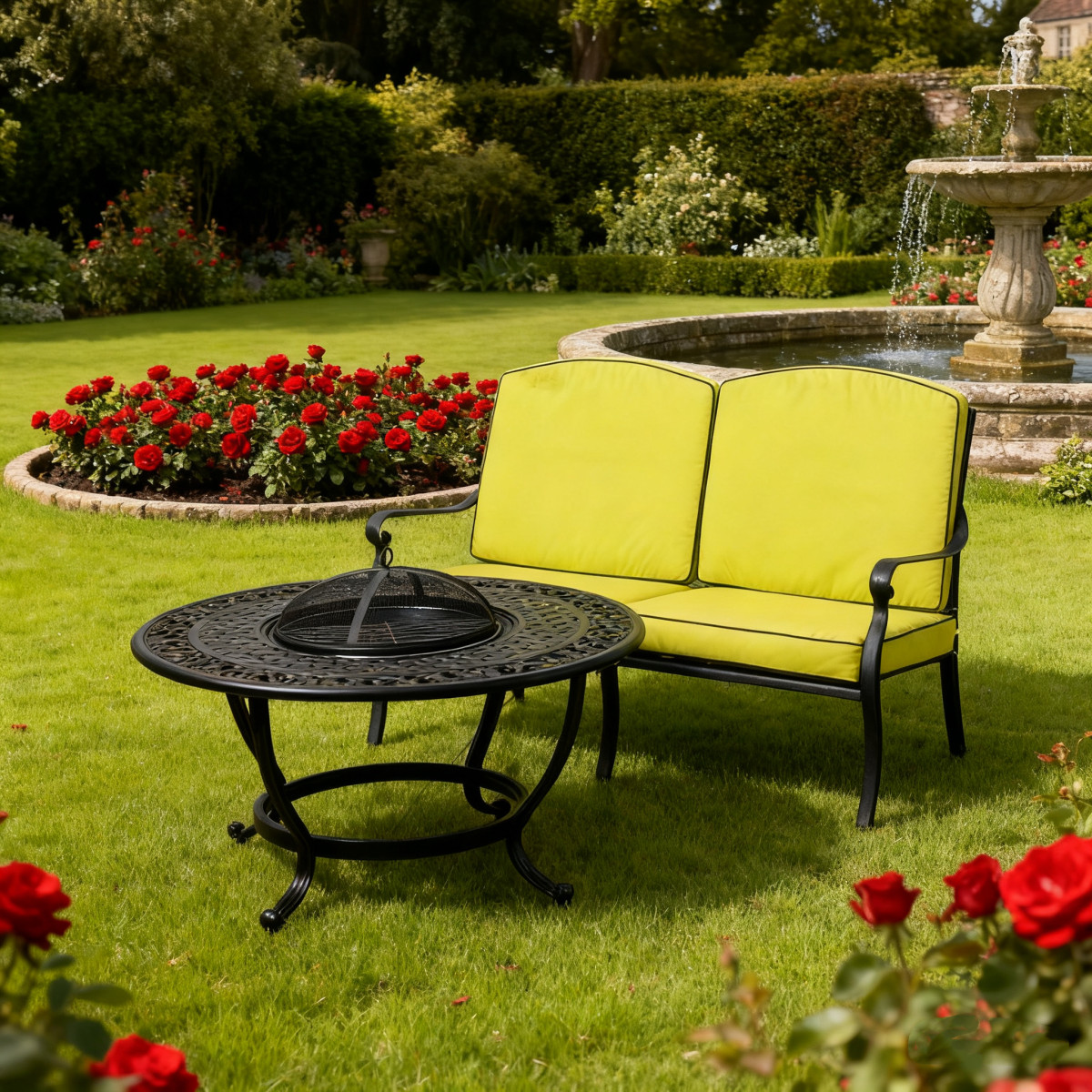 Two bright lime green outdoor chairs are positioned on gravel, surrounding an ornate black table with a grill in the centre.