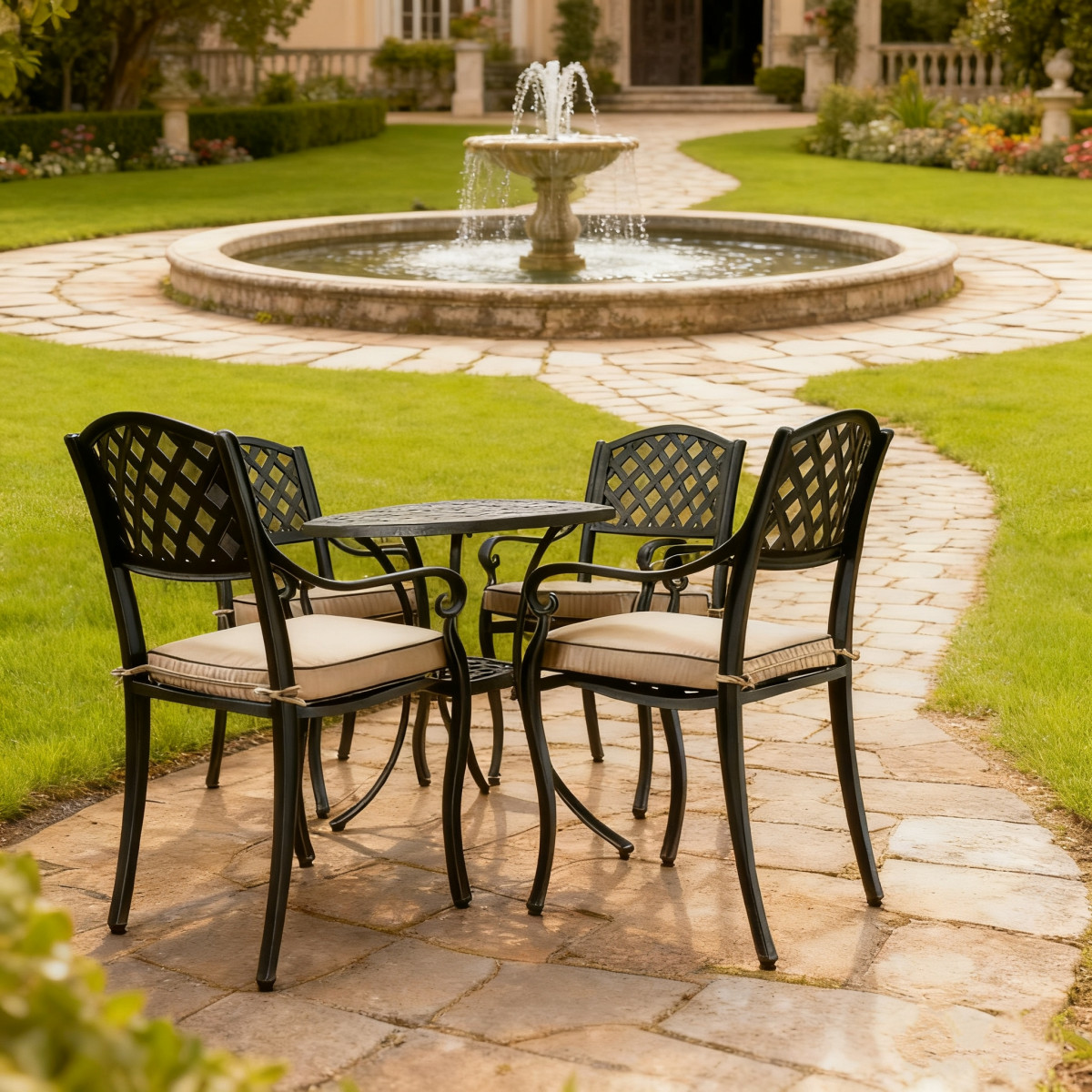 Garden patio table with four turquoise chairs and empty plates, surrounded by a landscaped area with flowers.