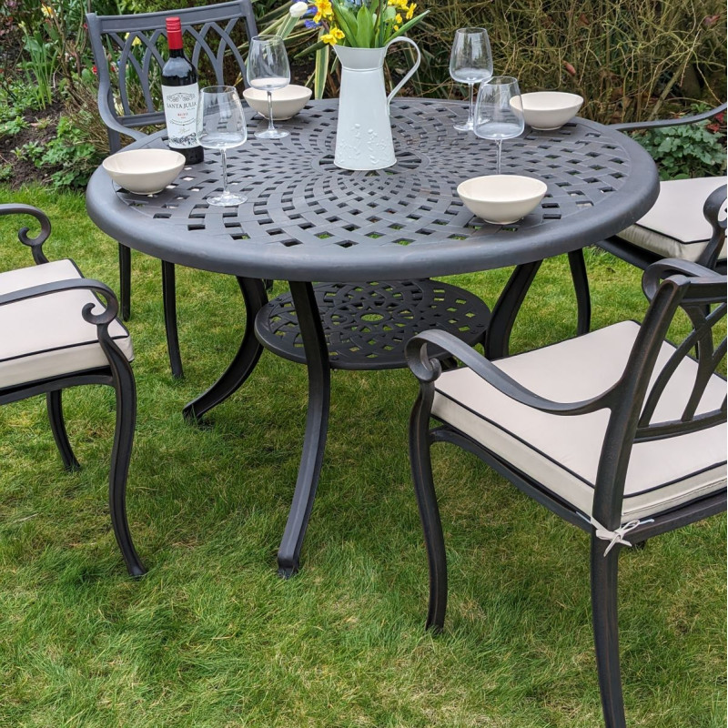 Display Item: Windsor round patio set black lattice chairs and green seat pads