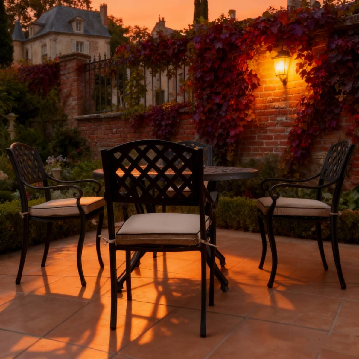 A black metal garden table surrounded by four chairs, with a potted plant in the centre, set on green grass.