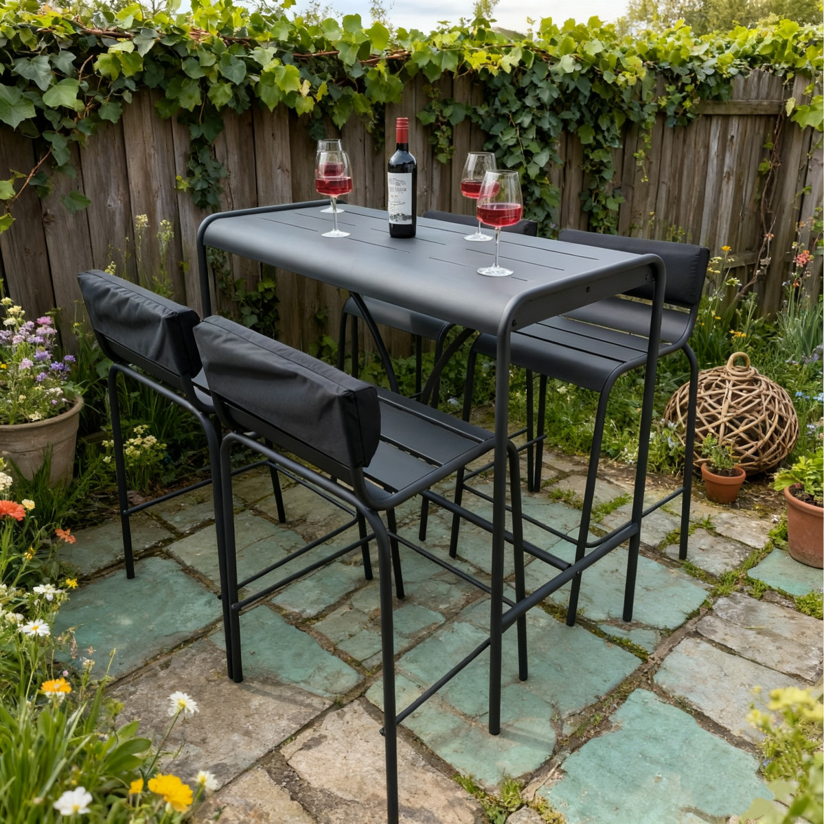 A garden table set with four chairs, a bottle of red wine, and four wine glasses on a lawn surrounded by greenery.