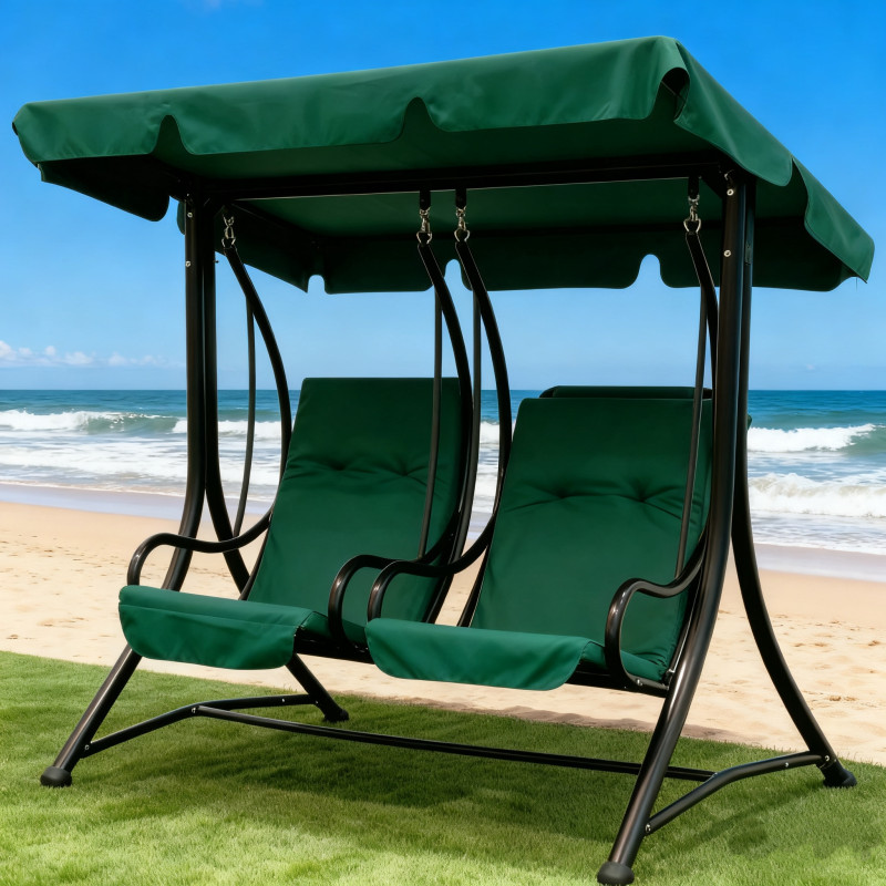 A green garden swing bench with a canopy and two cushioned seats, including a round lumbar pillow.
